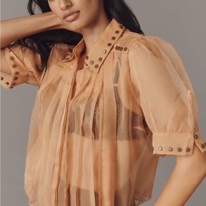 Maeve Short Sleeve Sheer Pleated Blouse with Metal Accents